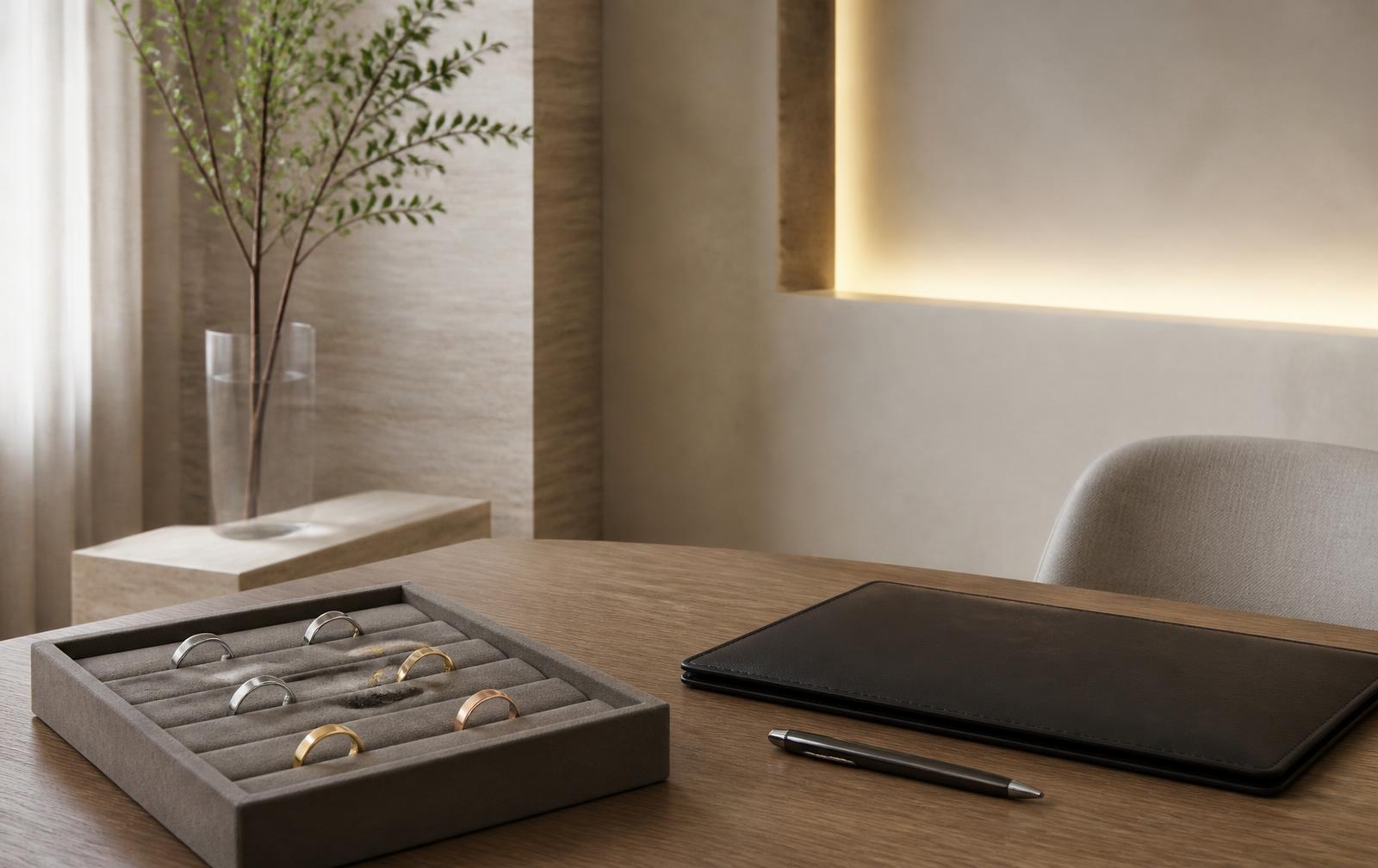 A quiet consultation table set with a jewellery tray and folio